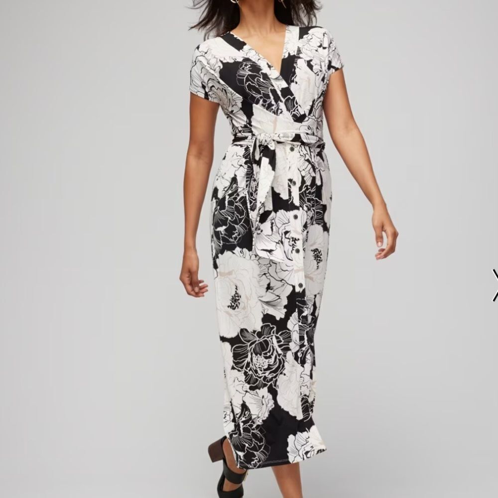 WhiteHouseBlackMarket Button-Front Midi Wrap Dress Blk/Wht/Tan M NWT